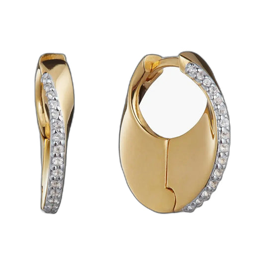 Gold-tone mini huggie hoop earrings with a curved row of clear pavé stones along the front edge.