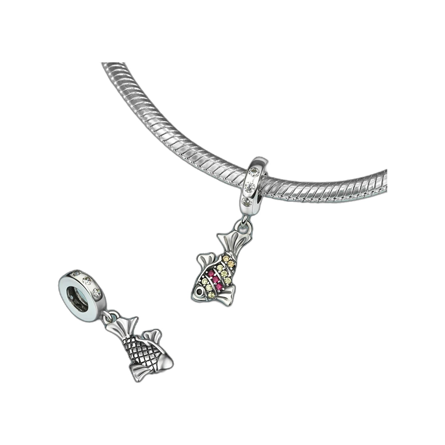 silver-tone small fish dangle charm hanging from European bracelet with spare charm beside it