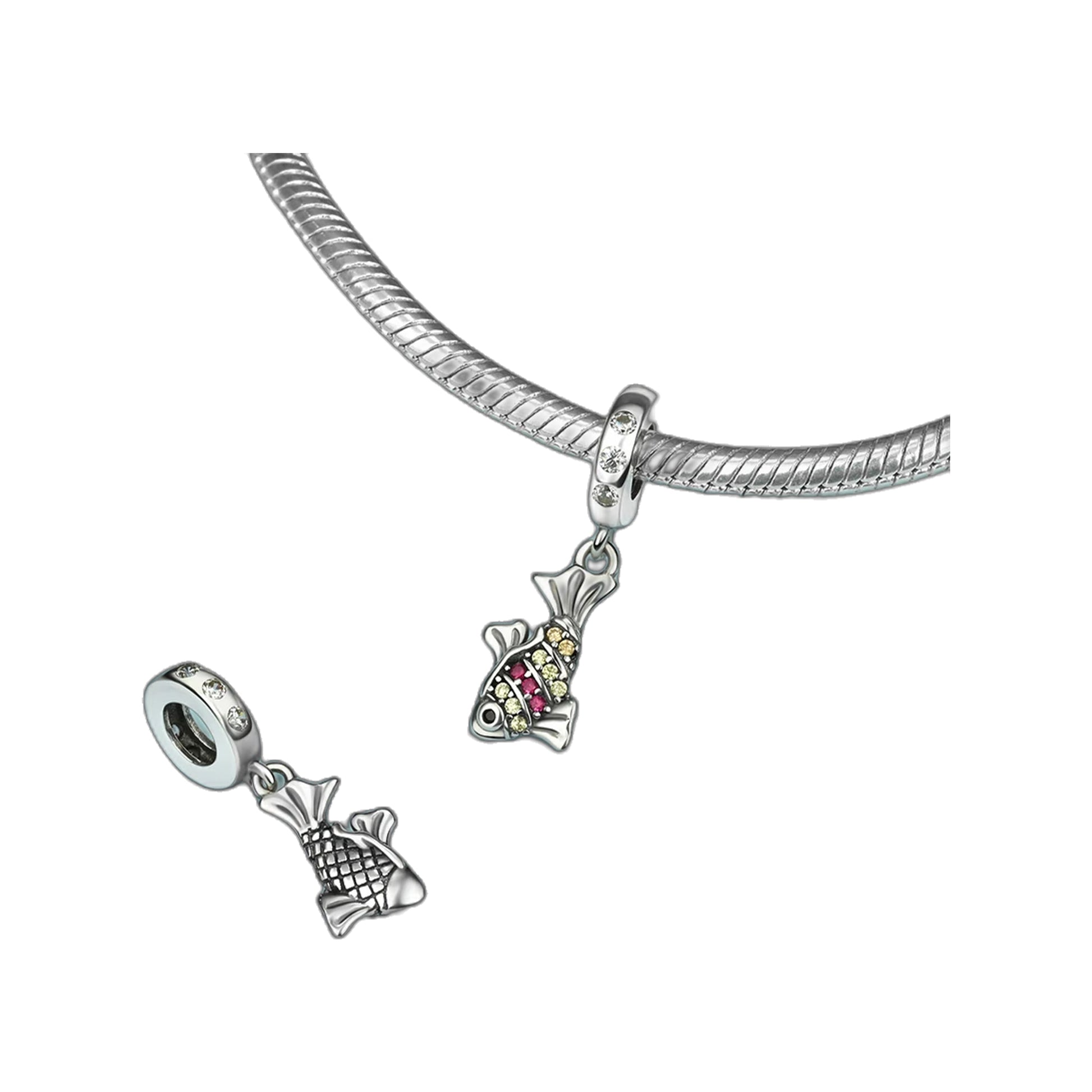 silver-tone small fish dangle charm hanging from European bracelet with spare charm beside it