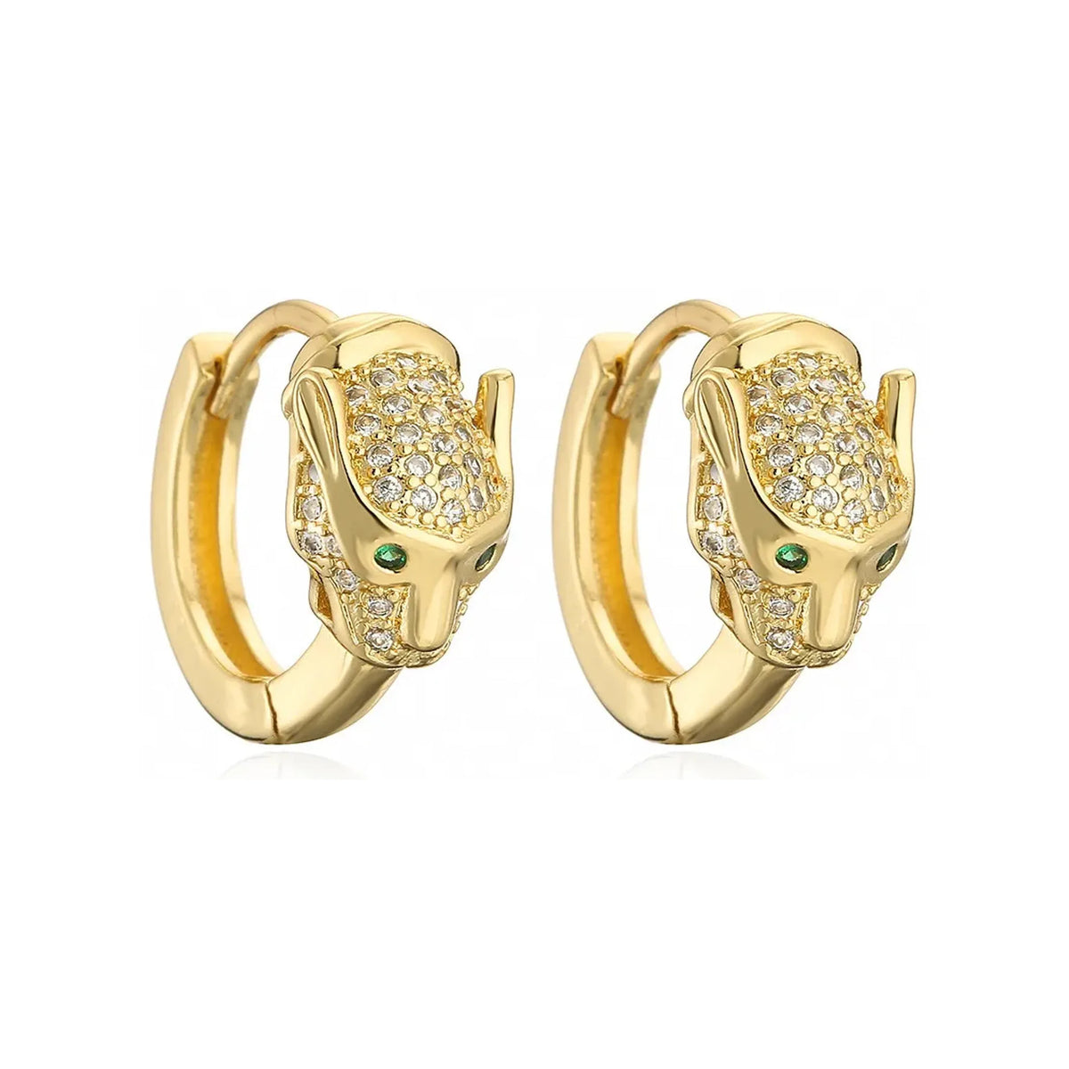 Gold-tone huggie earrings with pavé leopard heads and crystal-studded circular detail