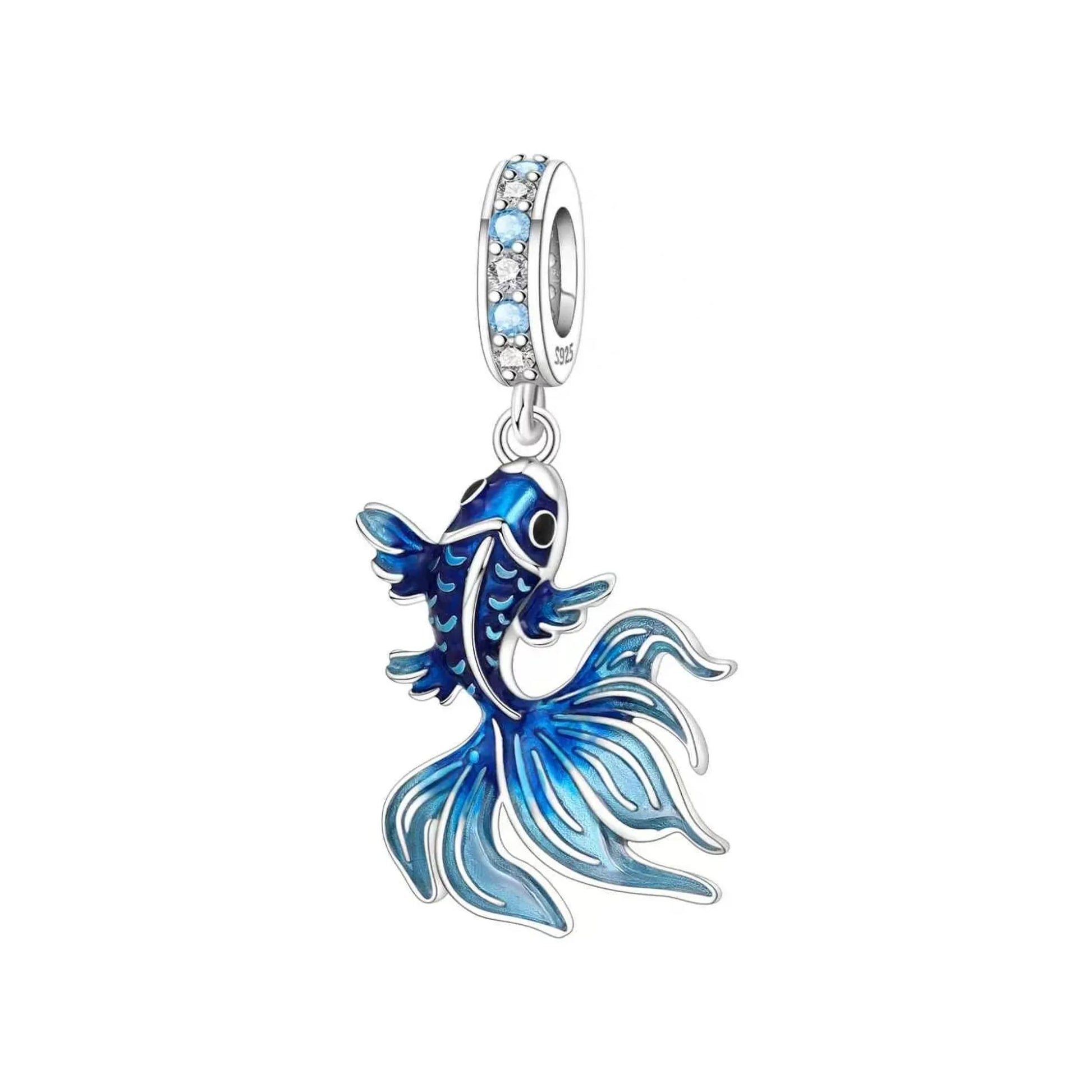 Blue enamel flowing fish dangle charm with crystal-accented bail