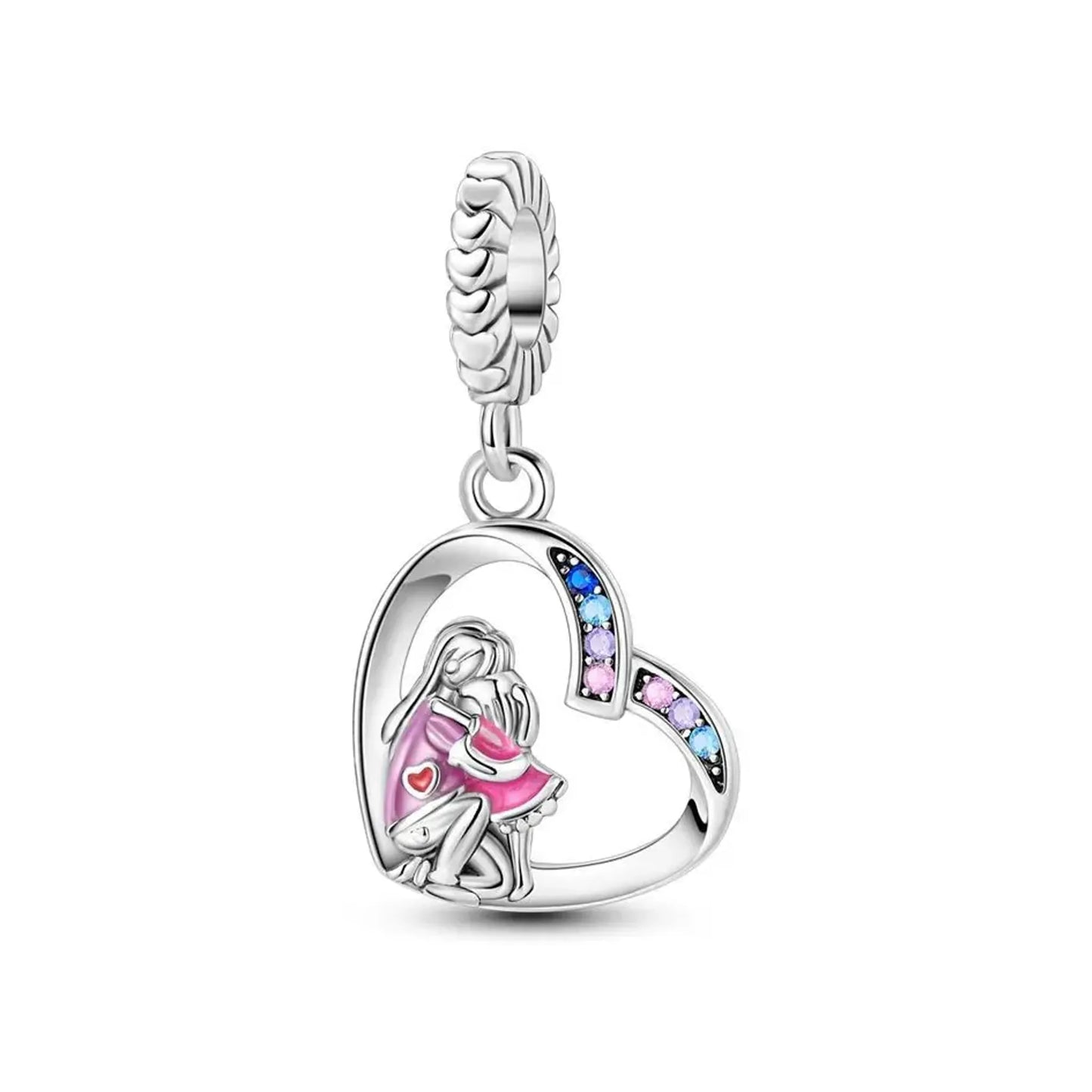 Heart dangle charm featuring mother and child motif with pink enamel dress and multicolor crystals