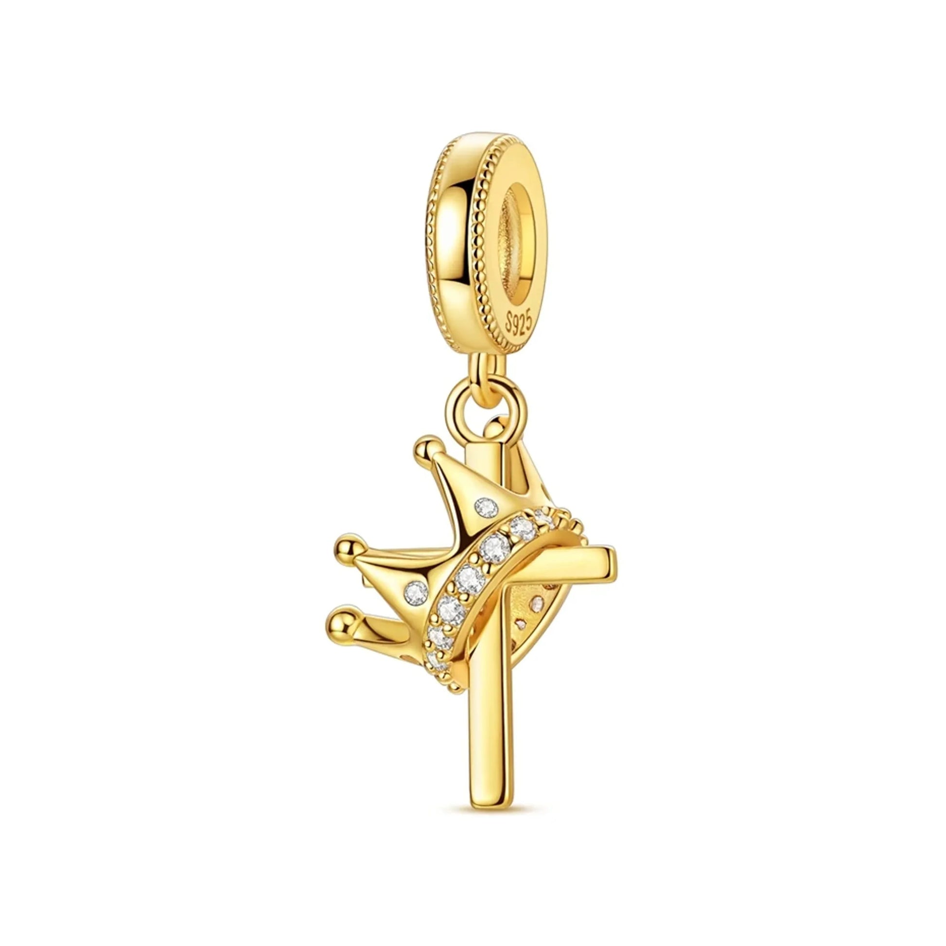 Gold-tone crowned cross charm with a pavé crystal band