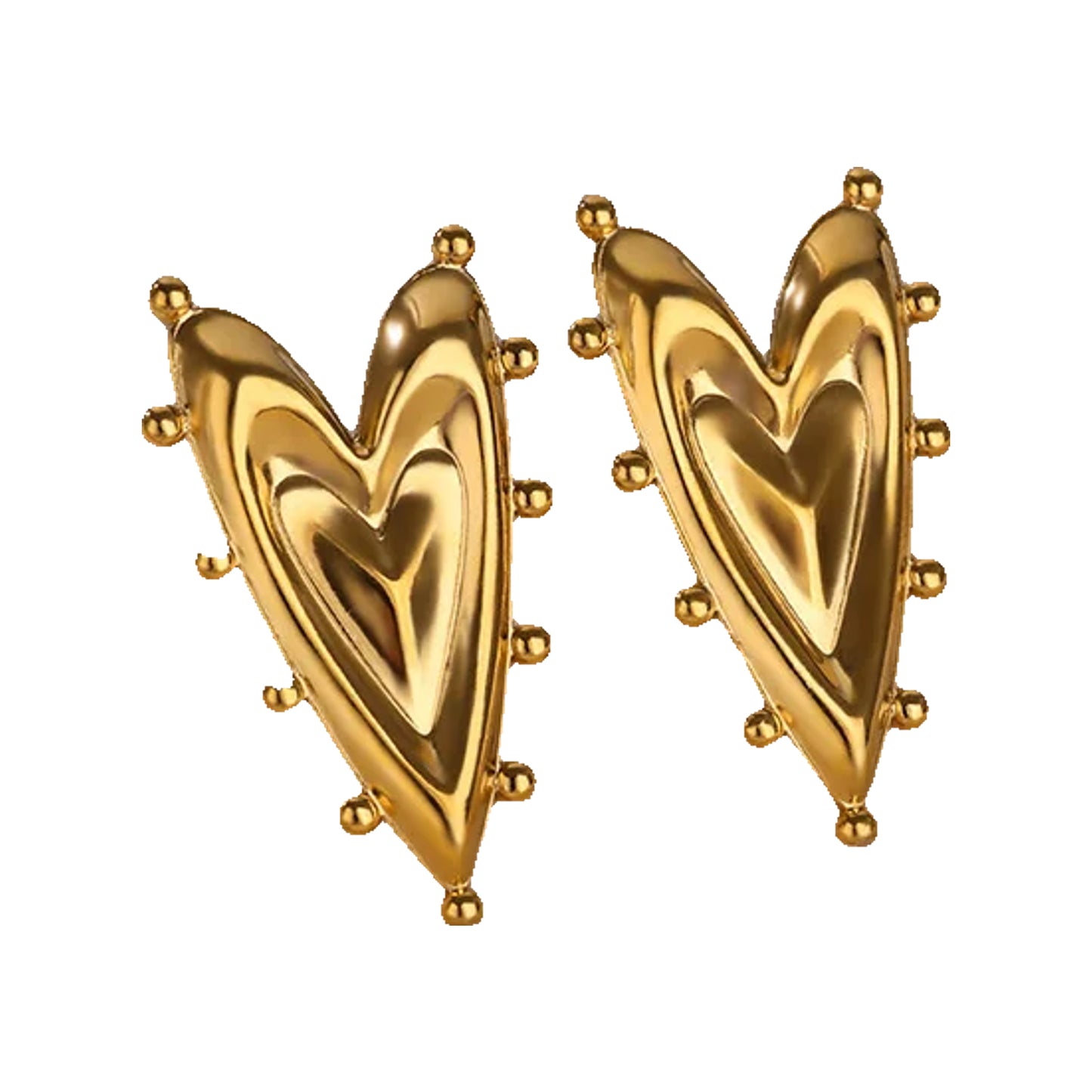 gold-tone elongated heart studs with raised center on a textured slab