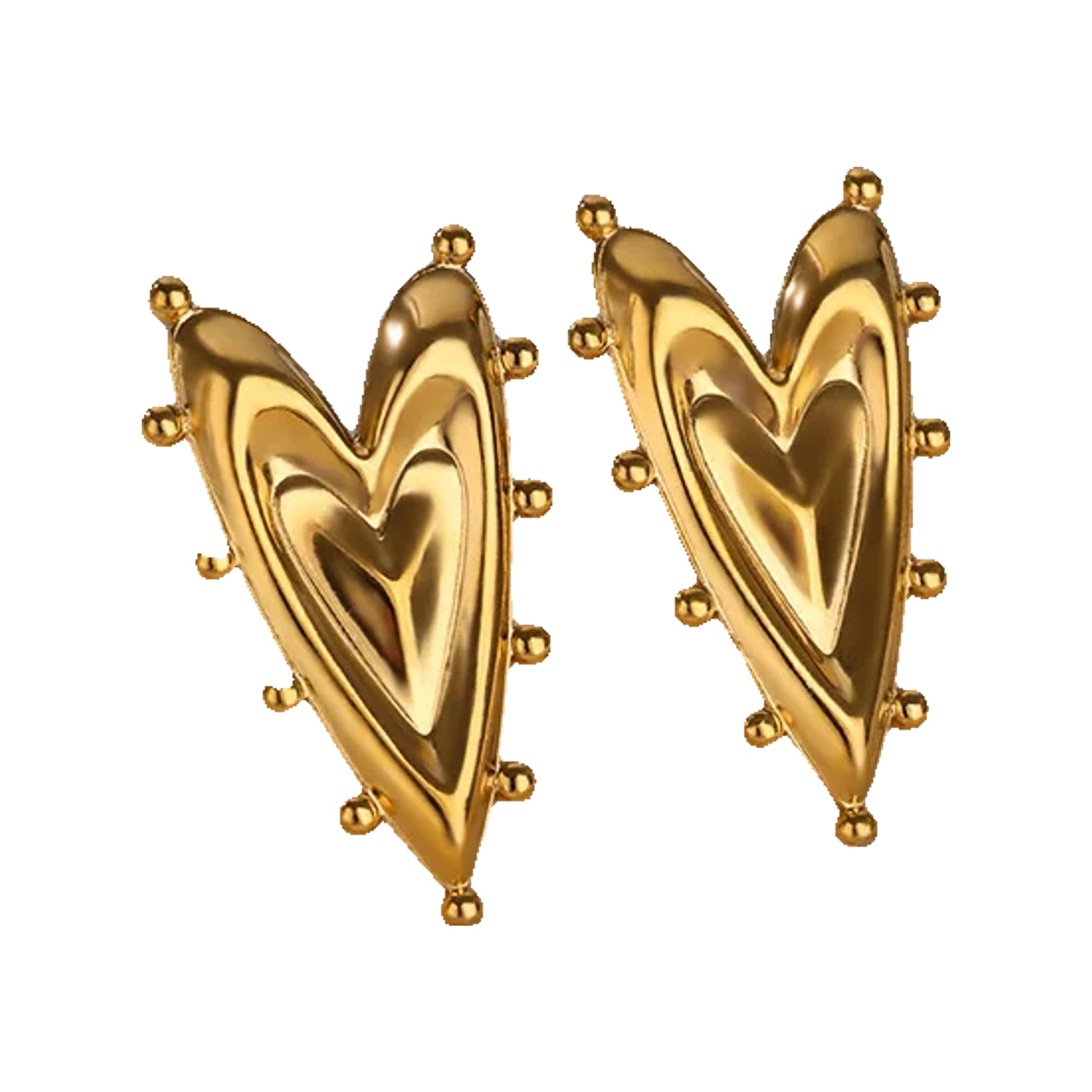 gold-tone elongated heart studs with raised center on a textured slab