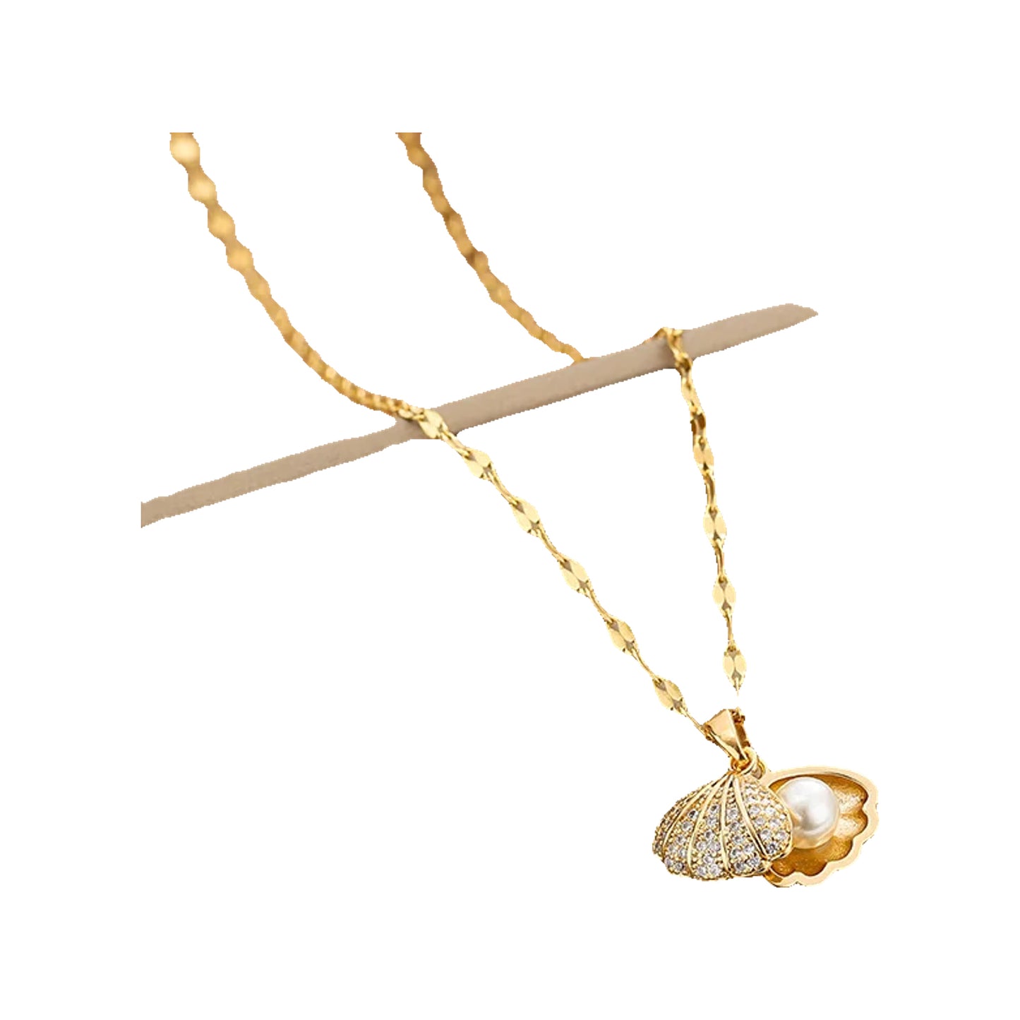 gold-tone shell pendant necklace with pearl-like bead inside displayed on a box