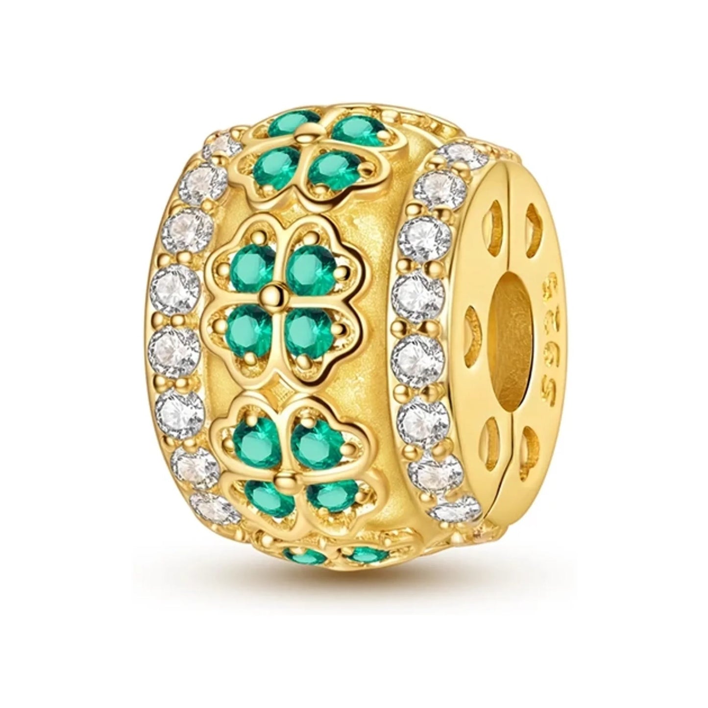 Gold-tone rondelle bead with green enamel floral motifs and clear crystal borders