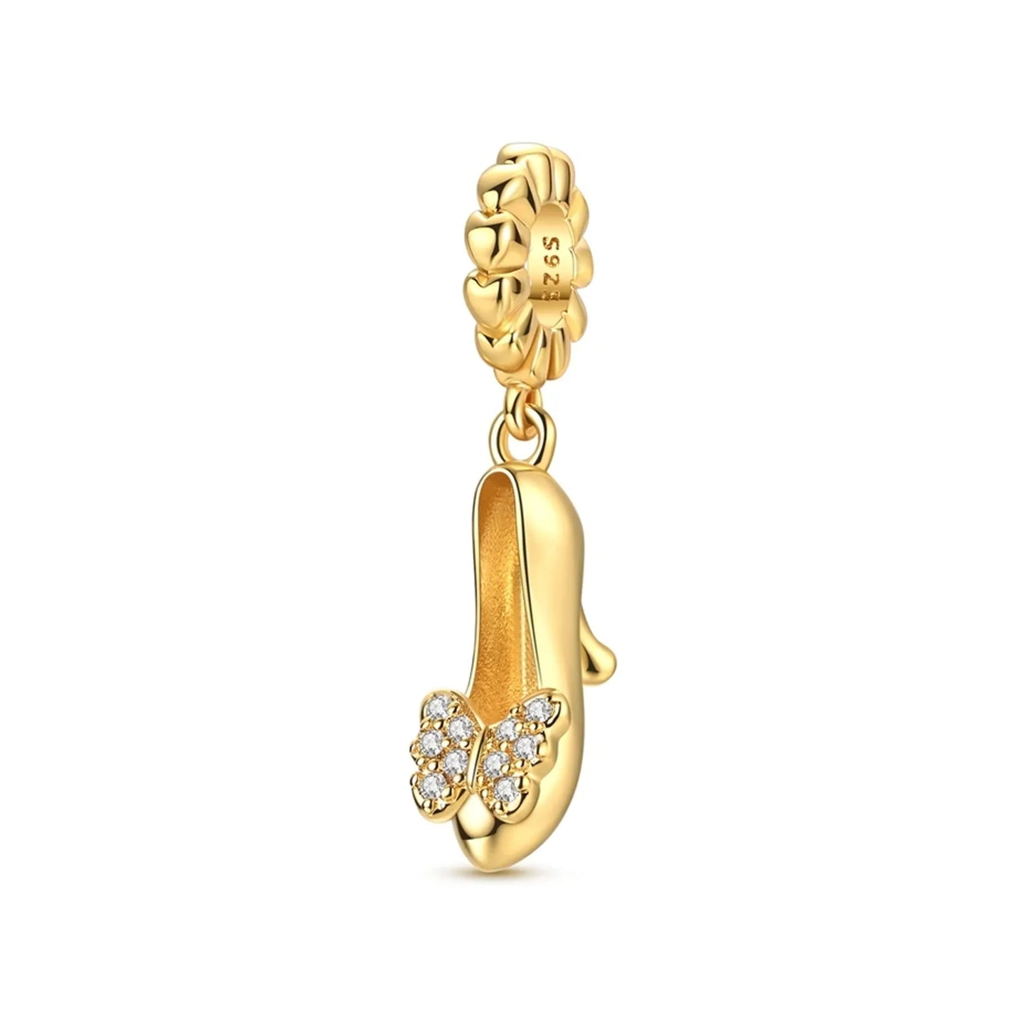 Gold-tone high-heel dangle charm with crystal butterfly accent
