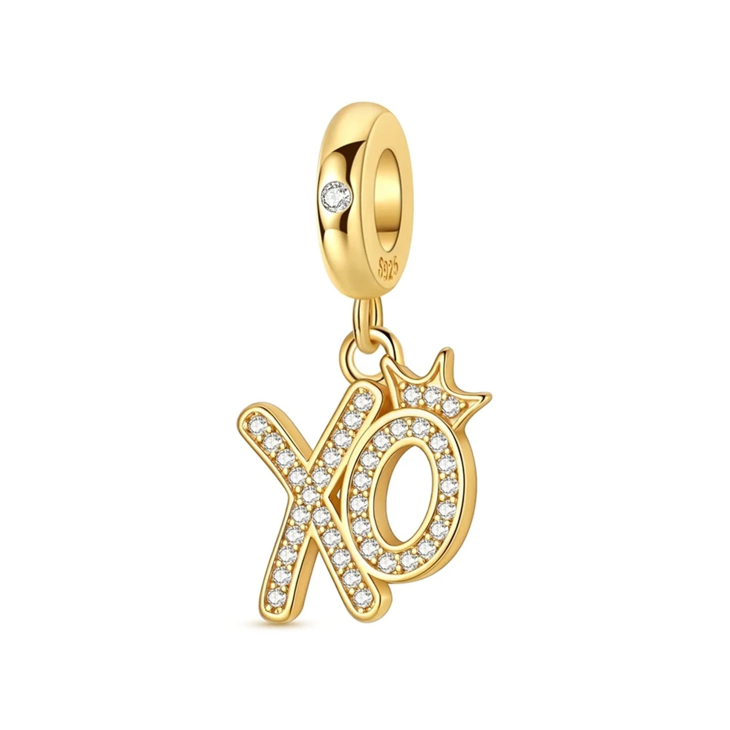 Gold-tone XO letter dangle charm encrusted with clear stones and crown accent