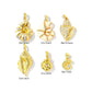 Gold-tone seashell pendants labeled with approximate sizes from 18x11mm to 35x16mm