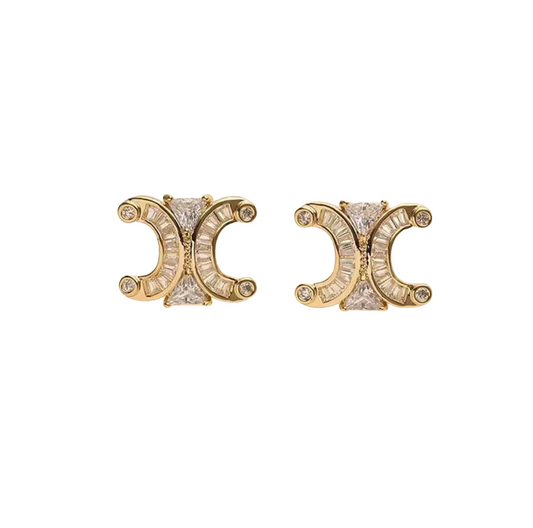 Double Crescent Stone Stud Earrings