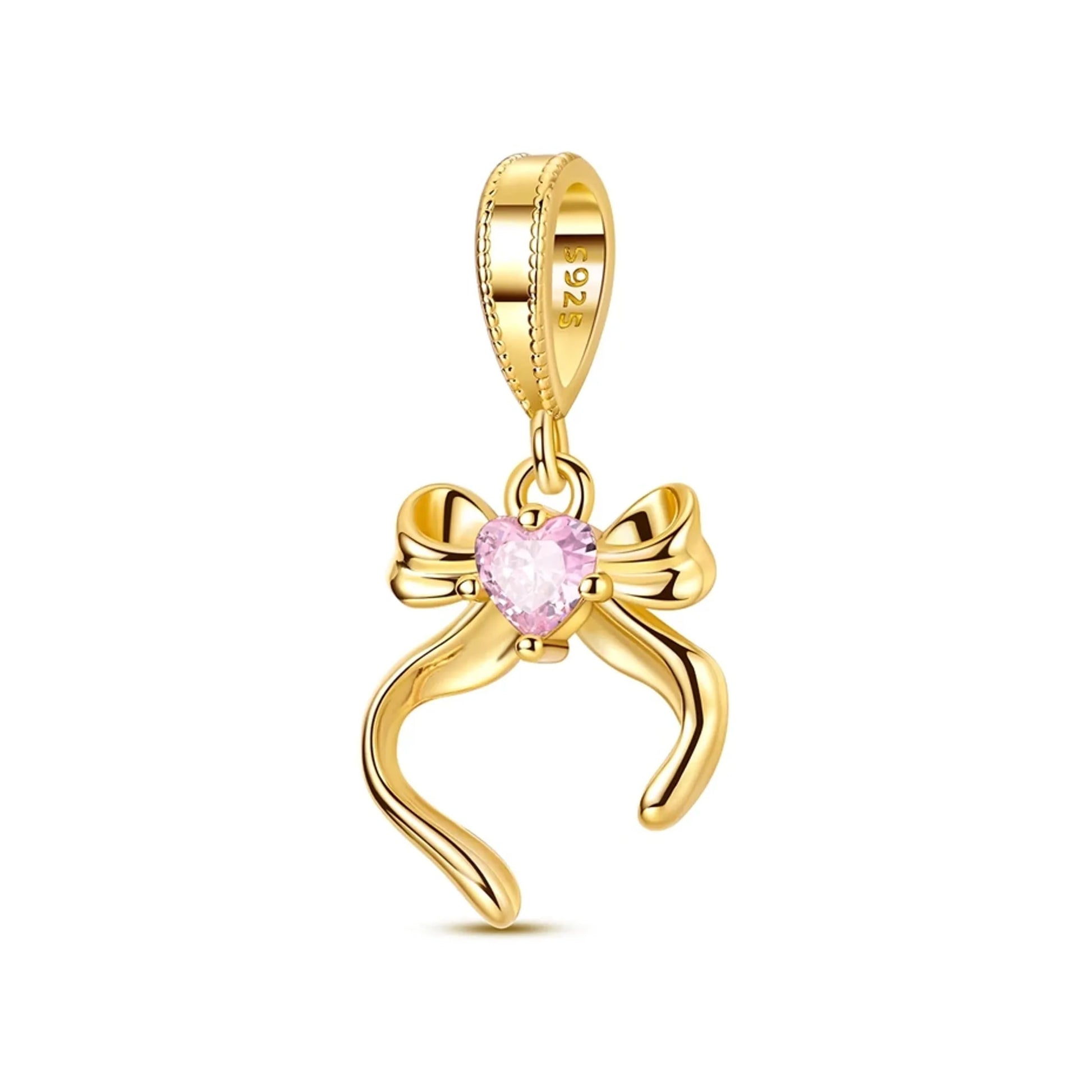 gold-tone ribbon bow drop charm featuring a pink heart center