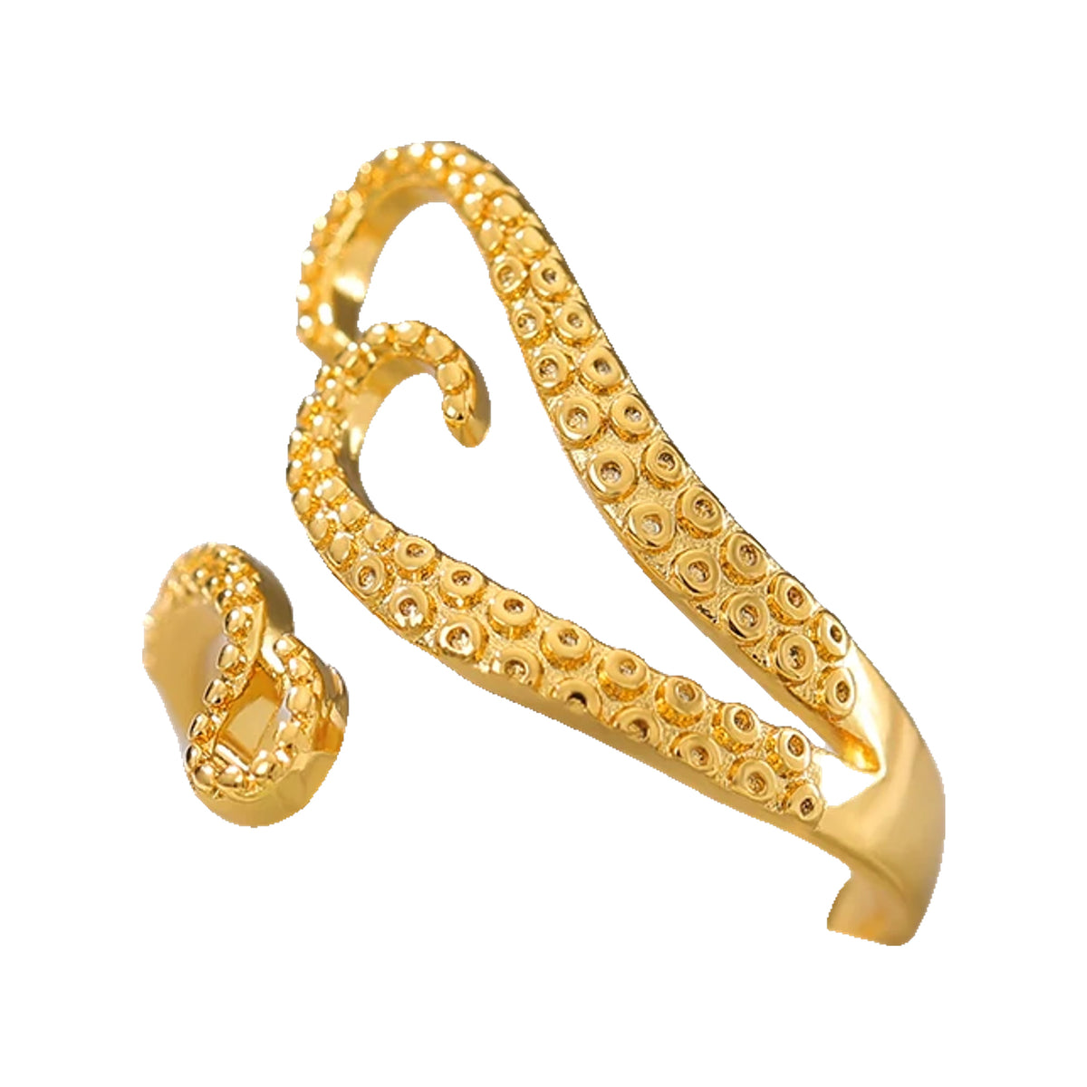 Angled view of a gold-tone octopus wrap ring highlighting curled tentacle ends