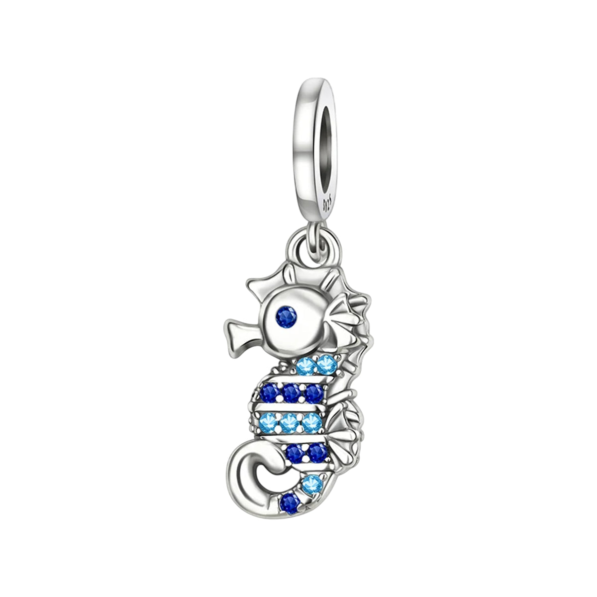 Seahorse dangle charm with alternating blue crystal accents
