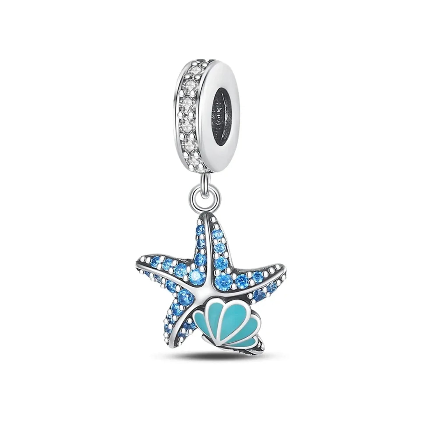 Blue crystal starfish sea life dangle charm with small turquoise enamel shell