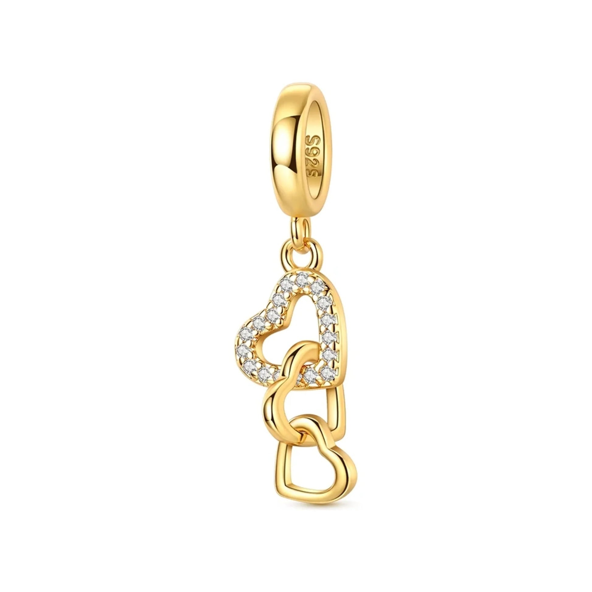 gold-tone dangling trio-heart charm with pavé-style clear stones on the top heart