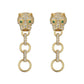 Long drop leopard head huggie earrings with three linked rings and pavé connectors in gold-tone