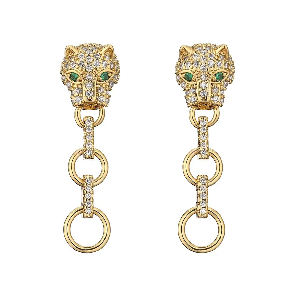 Long drop leopard head huggie earrings with three linked rings and pavé connectors in gold-tone