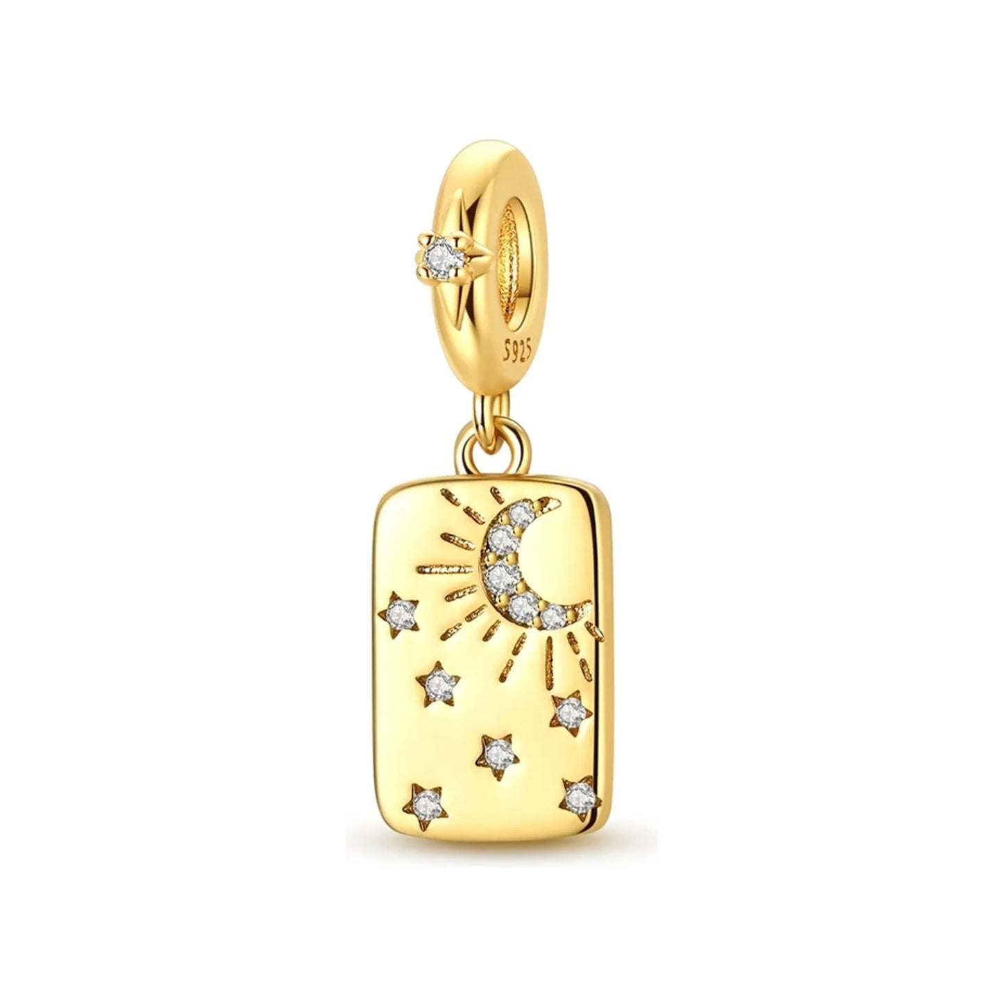 Gold-tone rectangular tag charm decorated with moon and stars and scattered stone accents