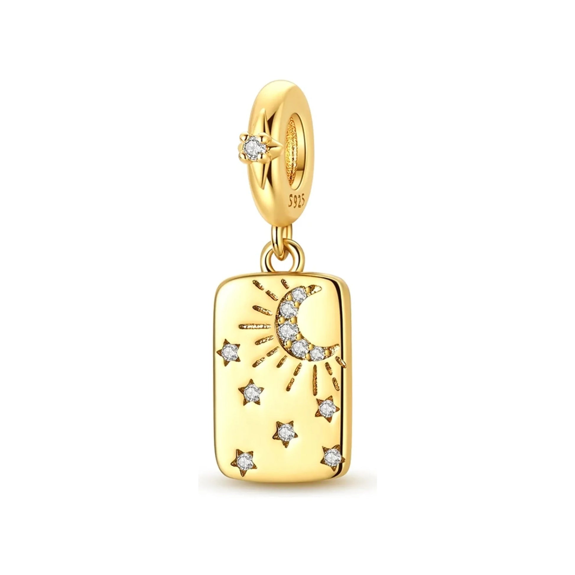Gold-tone rectangular tag charm decorated with moon and stars and scattered stone accents