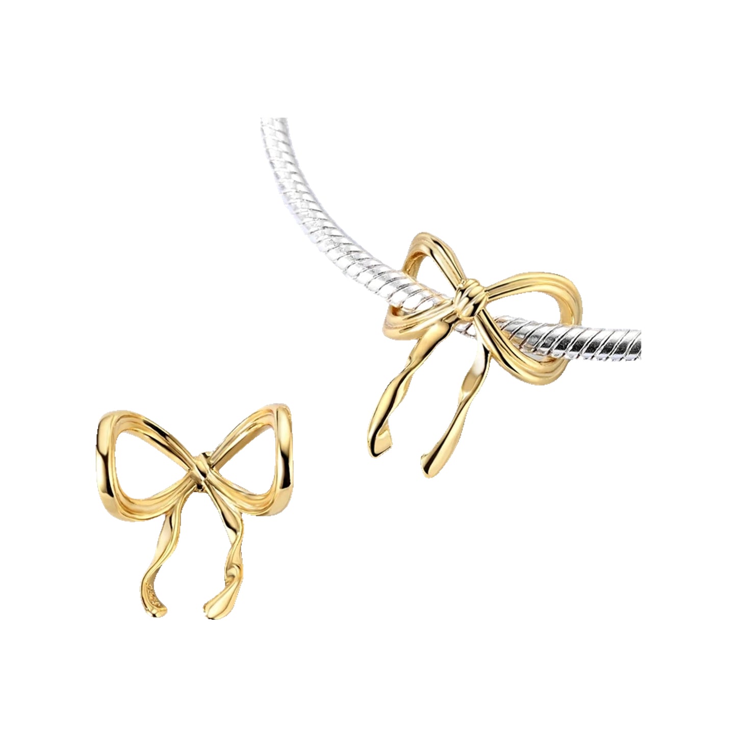 Gold-tone bow charm shown worn on a bracelet and displayed as a loose charm