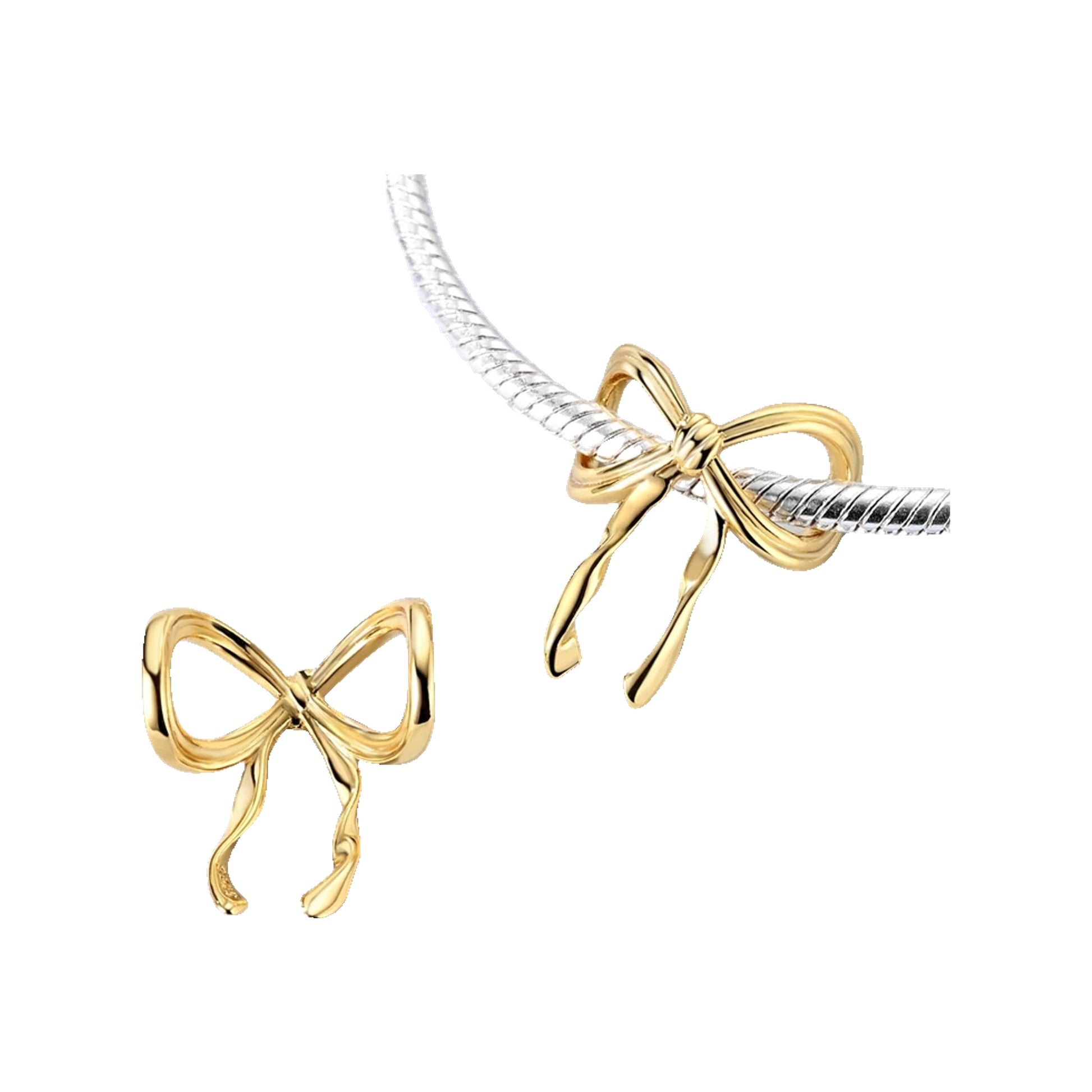 Gold-tone bow charm shown worn on a bracelet and displayed as a loose charm