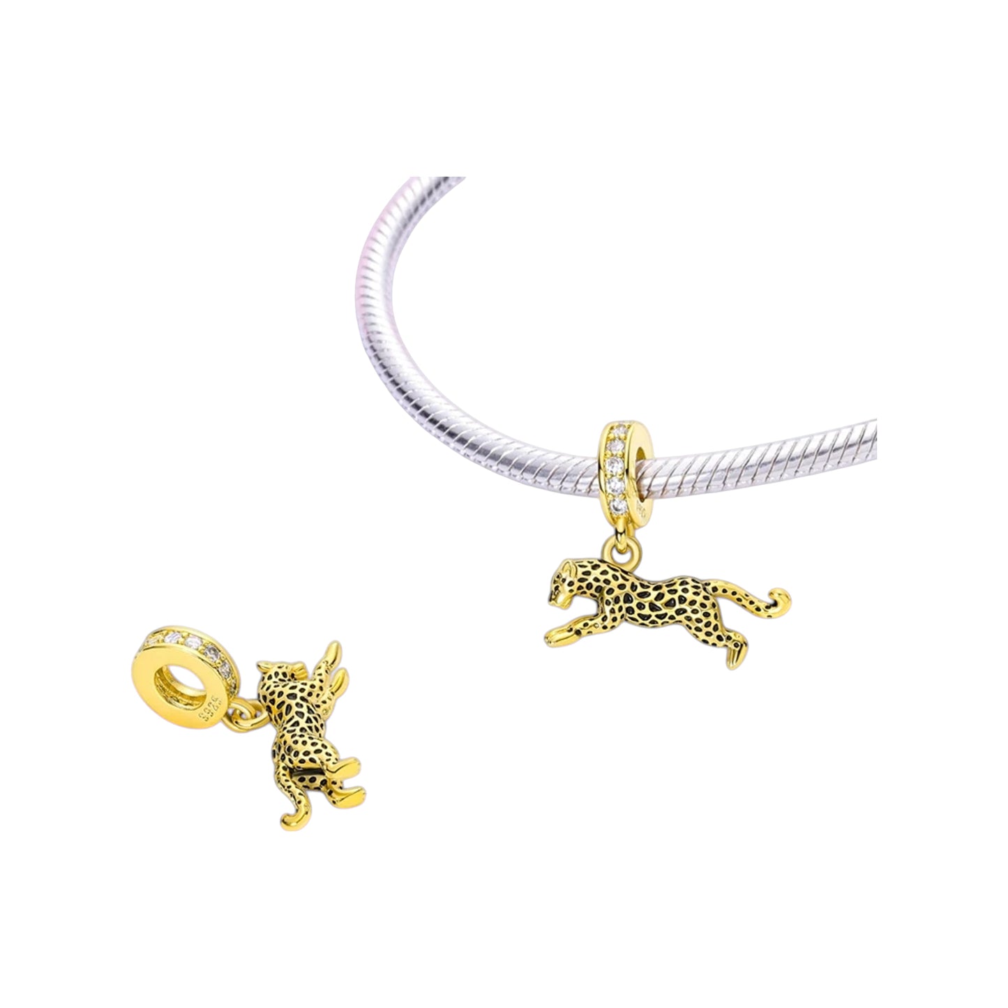 Gold-tone running leopard dangle charm with black enamel spots and crystal-set bail