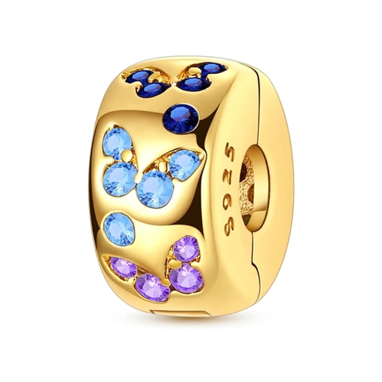Gold-tone barrel bead decorated with multicolored butterfly-shaped stones