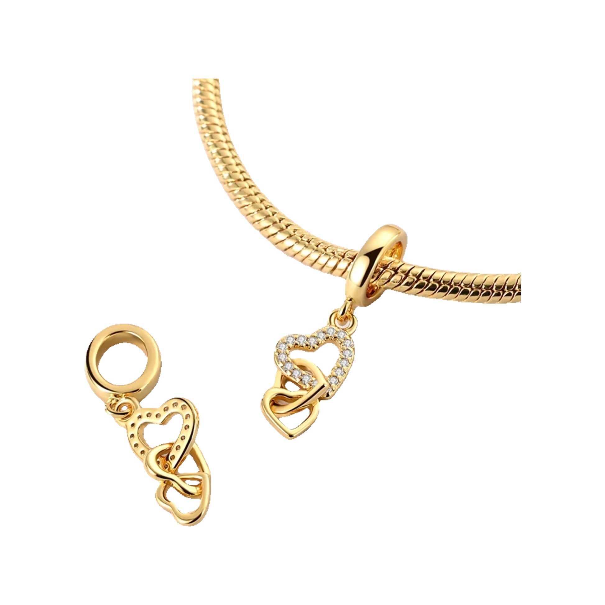 Gold-tone linked heart dangle charm with small crystal accents displayed on a snake bracelet