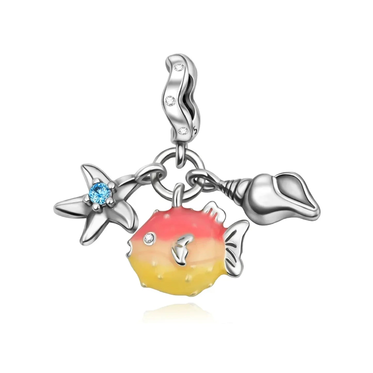 Tropical cluster charm with puffer fish enamel, starfish and shell accents