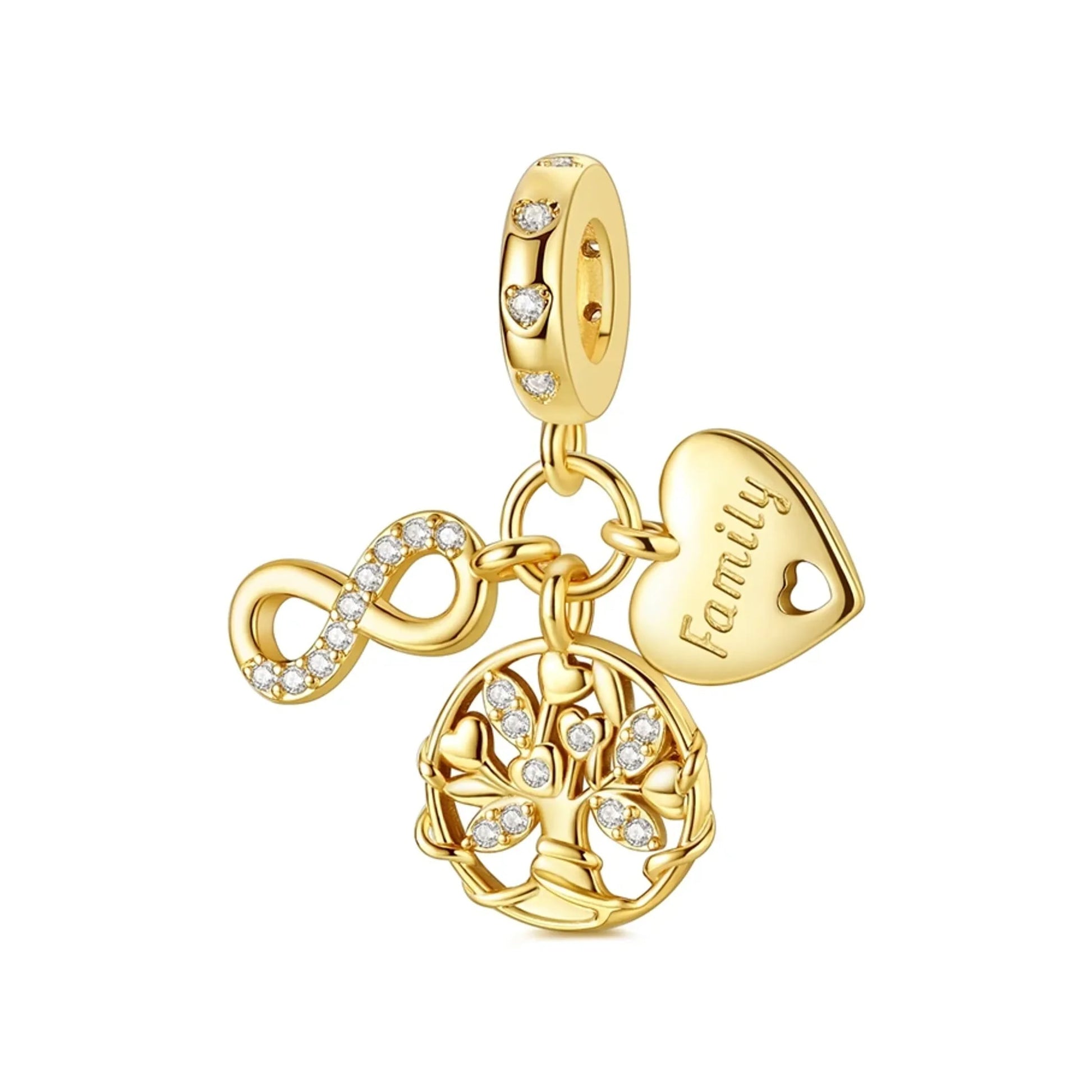 gold-tone family dangle showcasing a tree, infinity symbol and heart drop