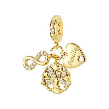 gold-tone family dangle showcasing a tree, infinity symbol and heart drop