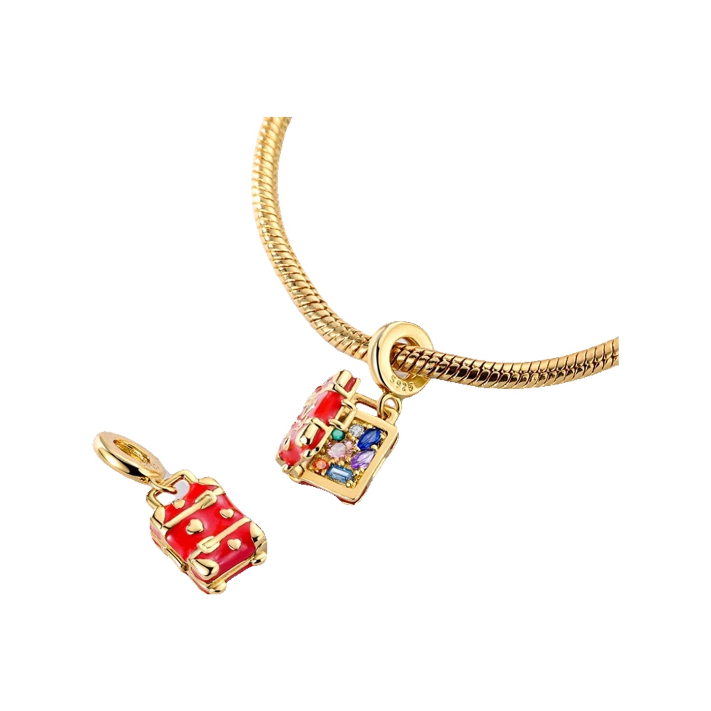 Gold-tone red suitcase charm with multicolor gem accents on a snake-chain bracelet