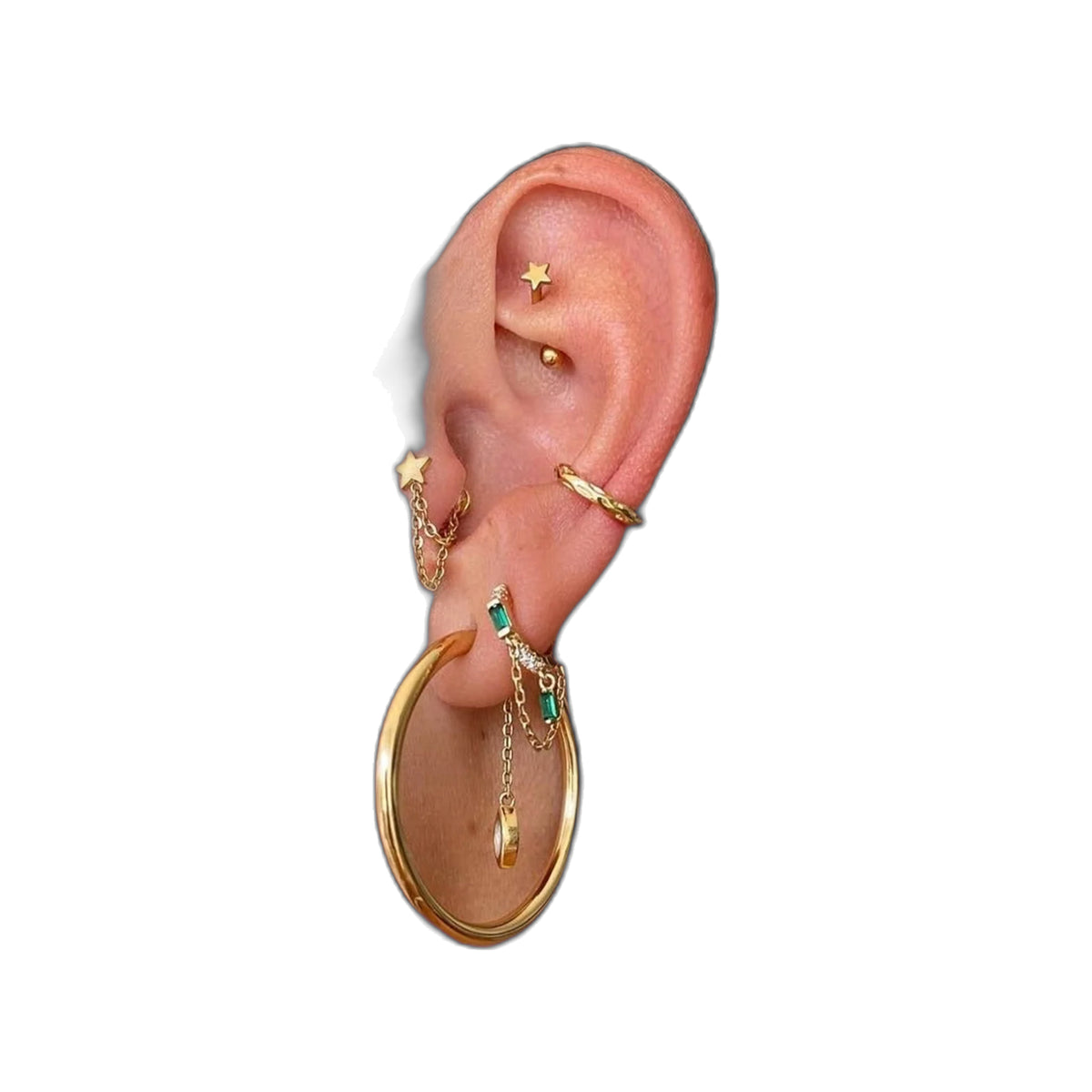 Gold-tone 25 mm hoop with marquise chain dangle worn at the earlobe