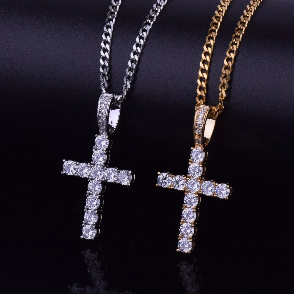 Pair of Small Iced Cross pendants shown side-by-side in silver-tone and gold-tone