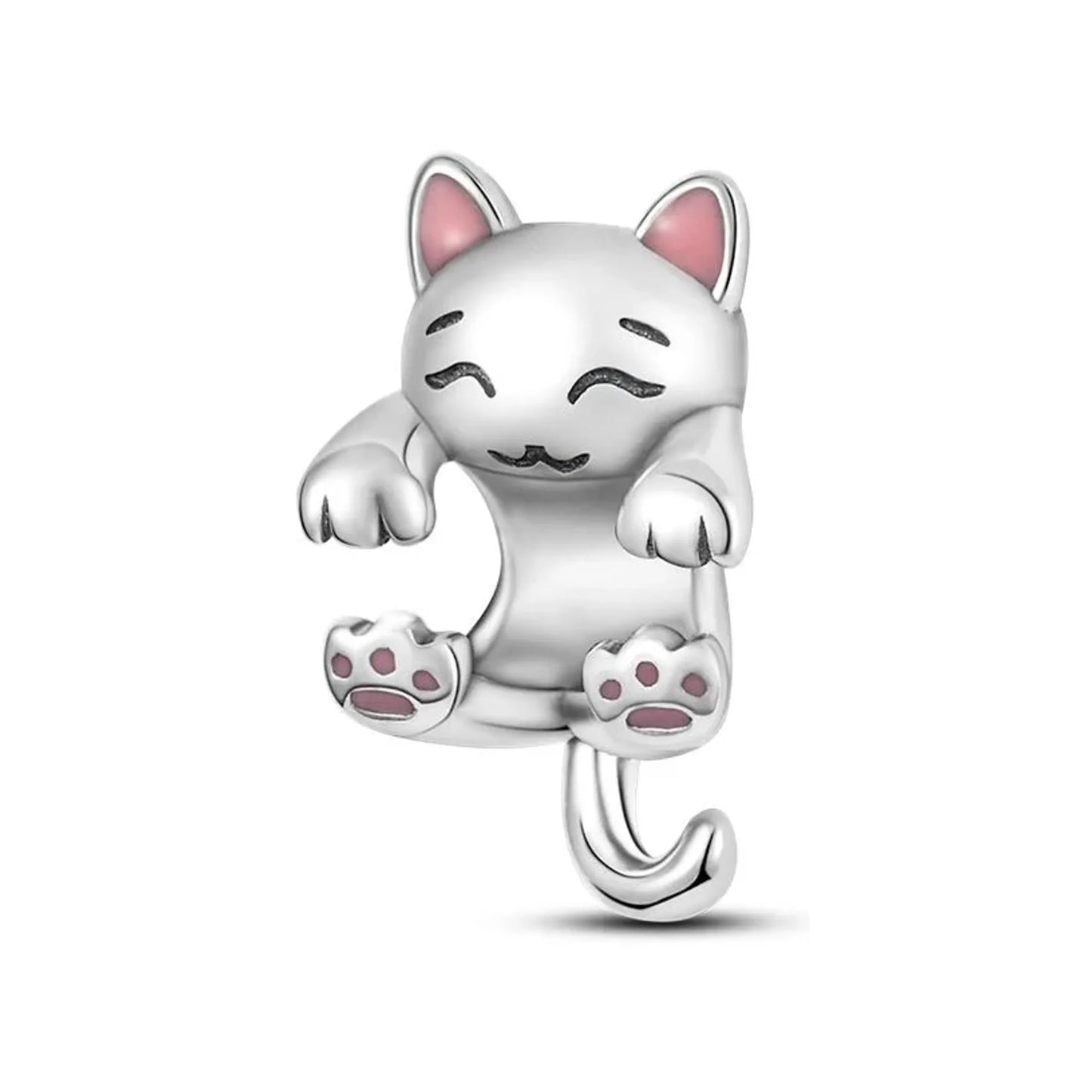Playful sitting cat dangle charm with pink enamel paw pads