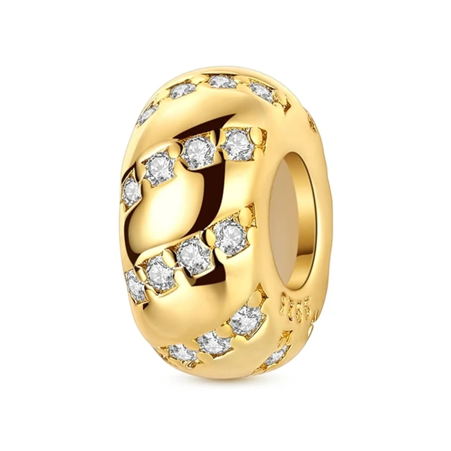 gold-tone rounded bead with scattered clear stones set in diagonal grooves