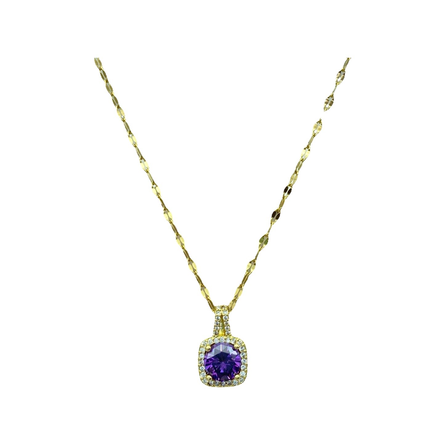 gold-tone pendant with purple cushion center stone and surrounding clear accents on a chain