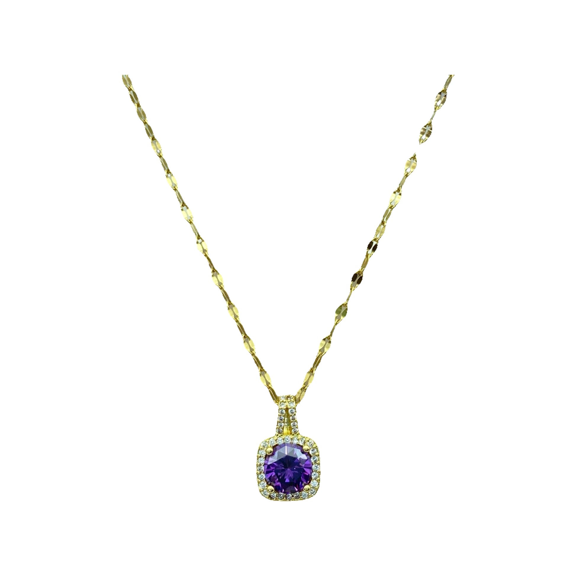 gold-tone pendant with purple cushion center stone and surrounding clear accents on a chain