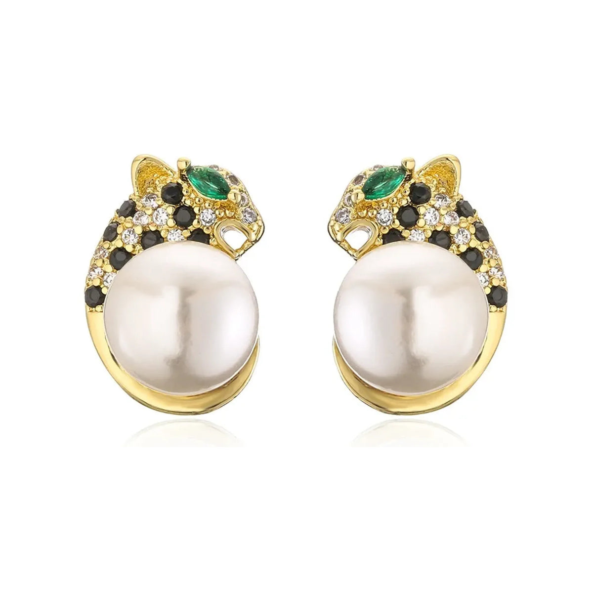 Gold-tone leopard head stud earrings cradling large round pearl accents on white background