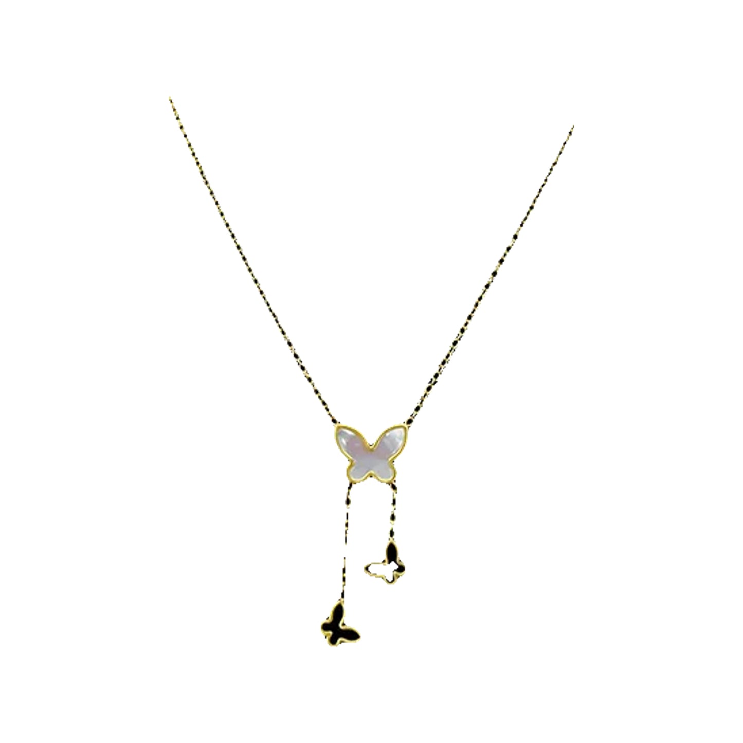 881ba219-0e86-4b5c-a1f6-5d59e8ab32b3 gold-tone butterfly lariat necklace worn at the center chest over a turtleneck
