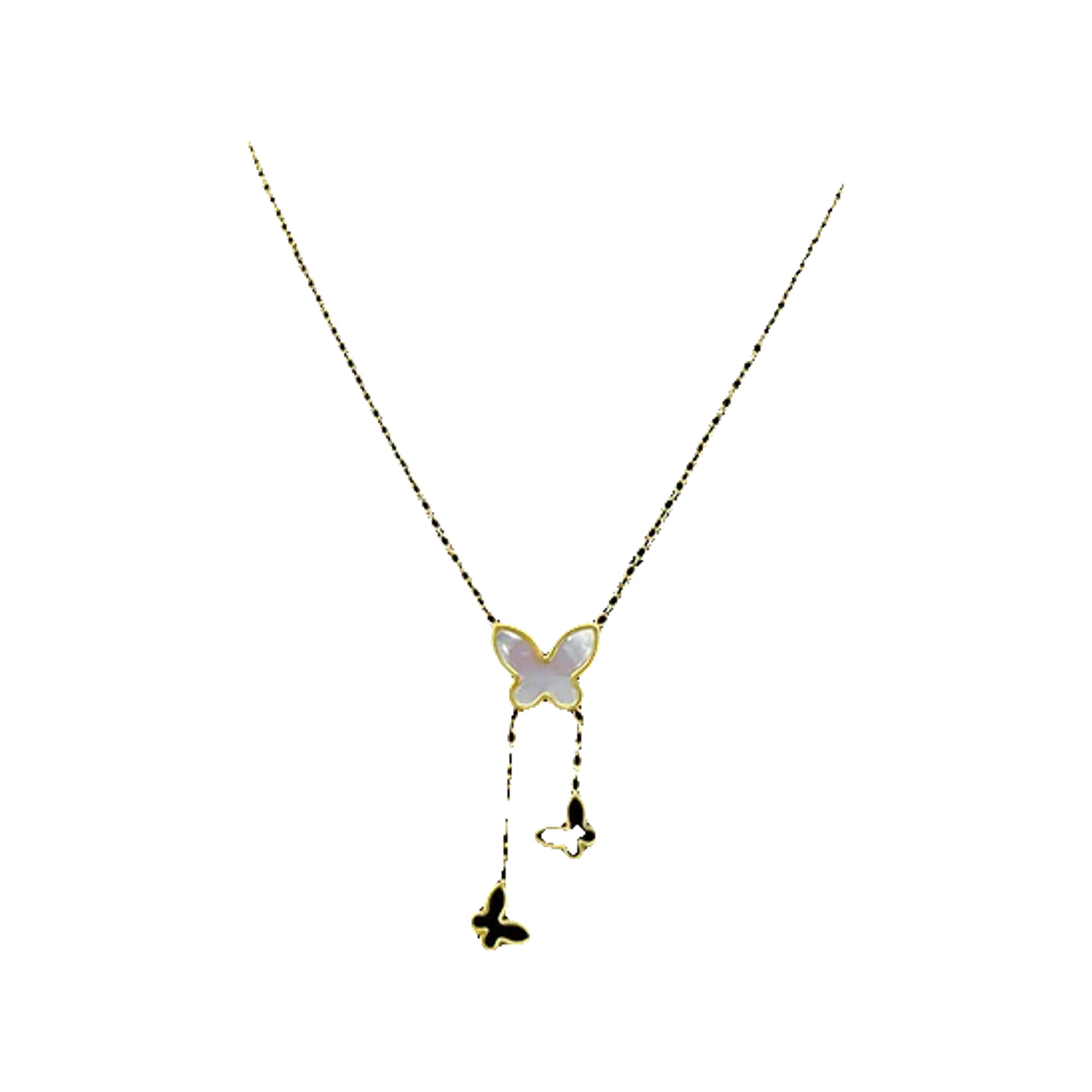 881ba219-0e86-4b5c-a1f6-5d59e8ab32b3 gold-tone butterfly lariat necklace worn at the center chest over a turtleneck