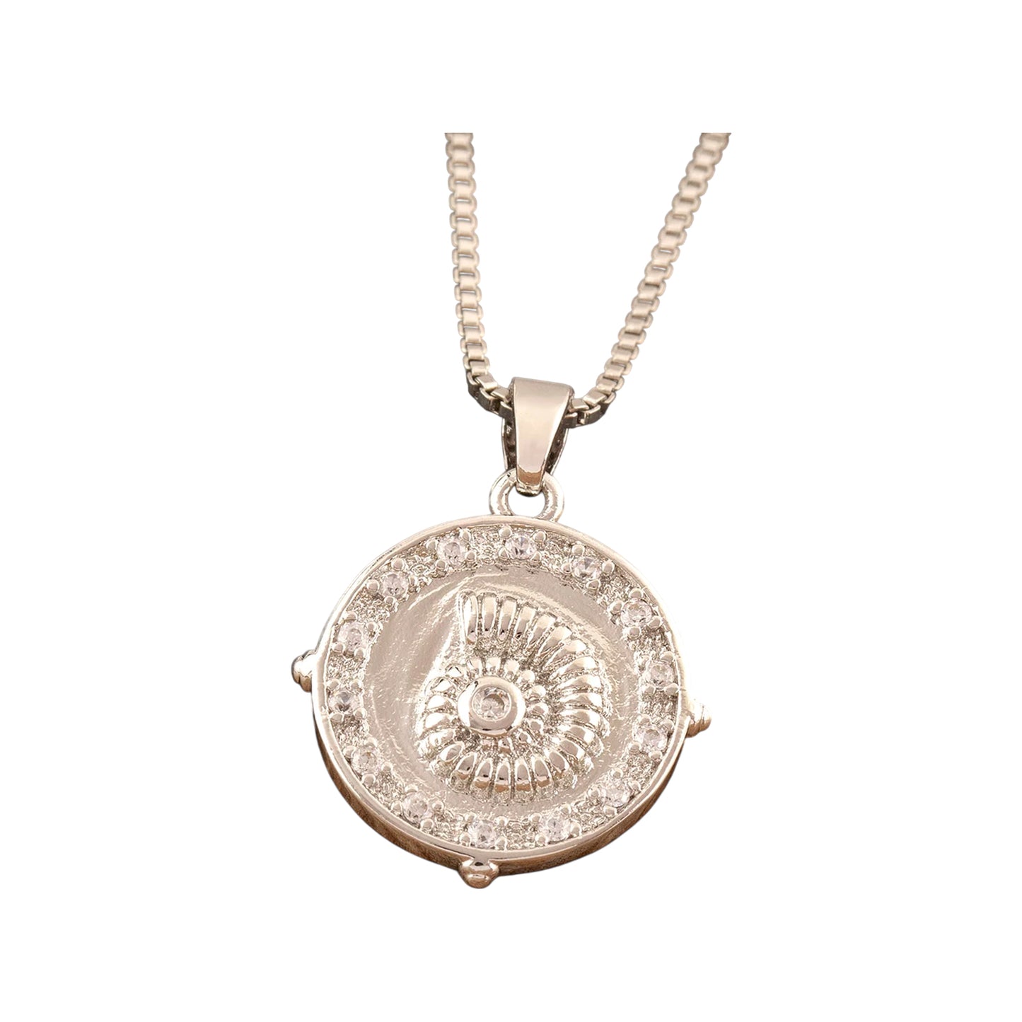 Silver-tone round spiral medallion pendant with textured center and crystal halo