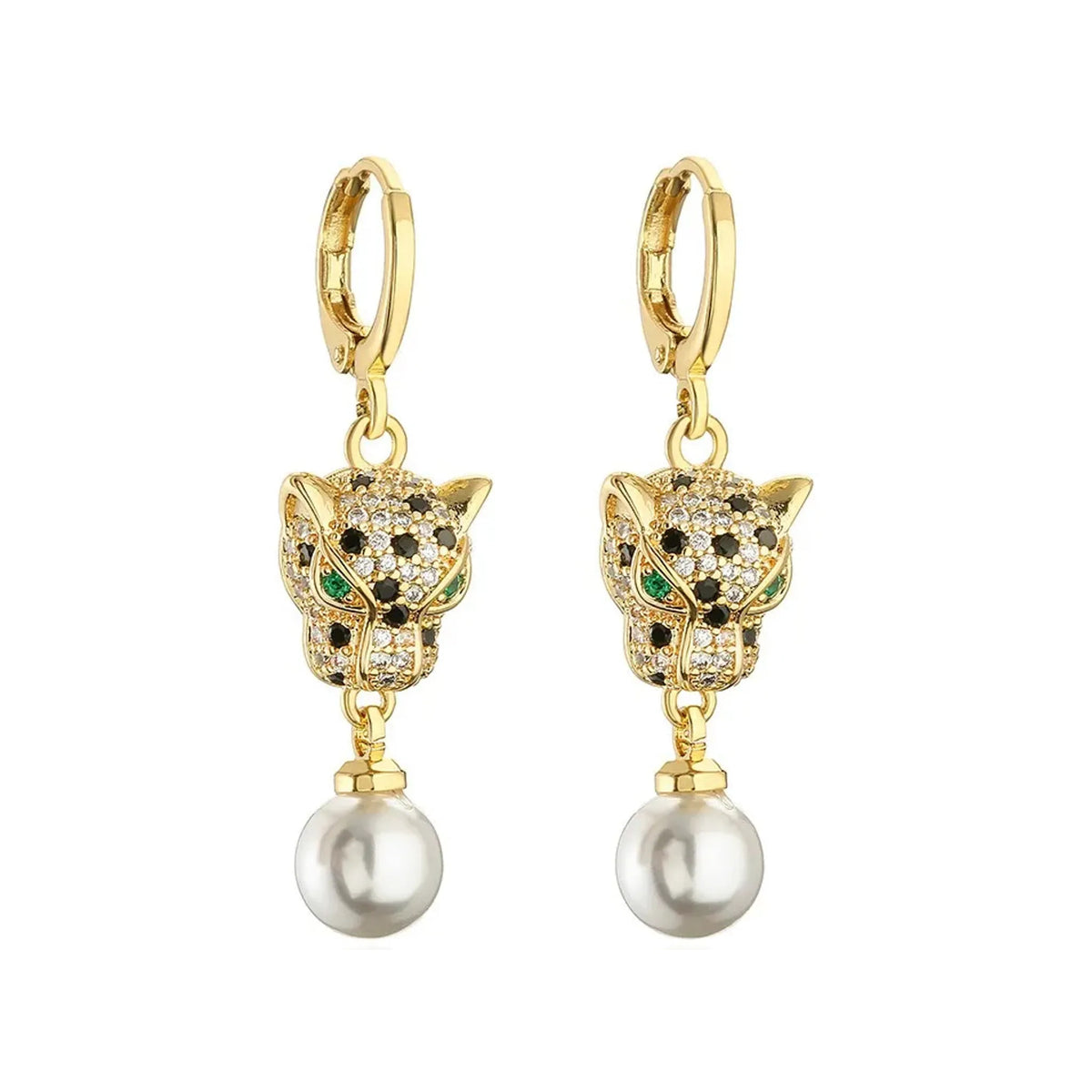 Gold-tone leopard head huggie earrings with single round faux pearl drops shown frontally