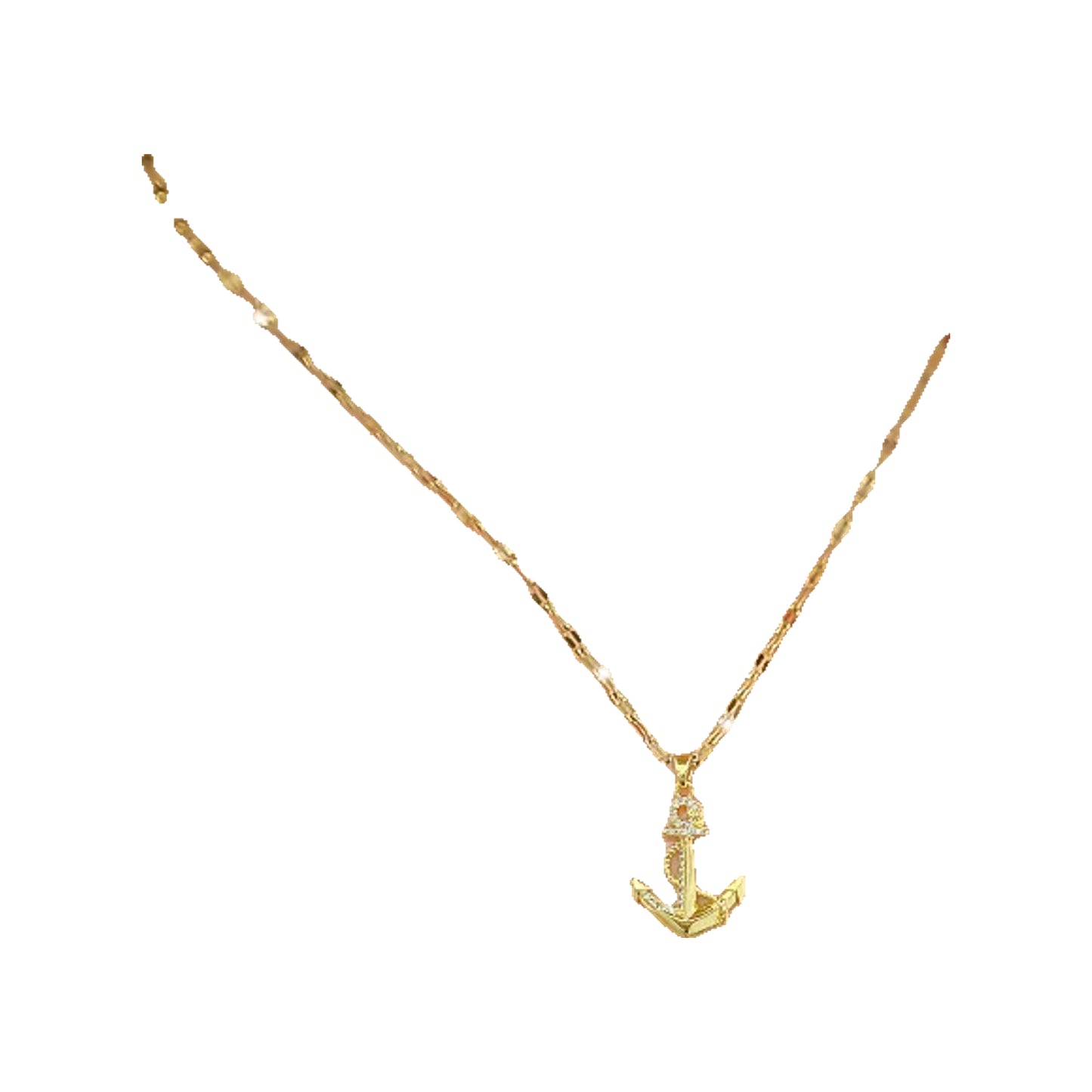 Gold-tone anchor pendant necklace worn at the collarbone