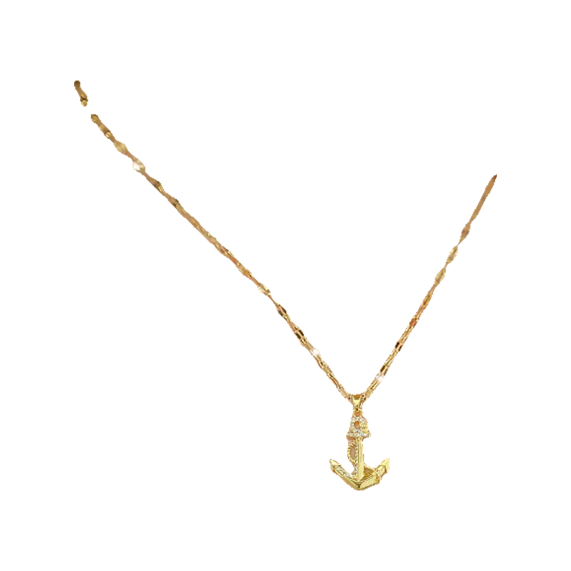 Gold-tone anchor pendant necklace worn at the collarbone