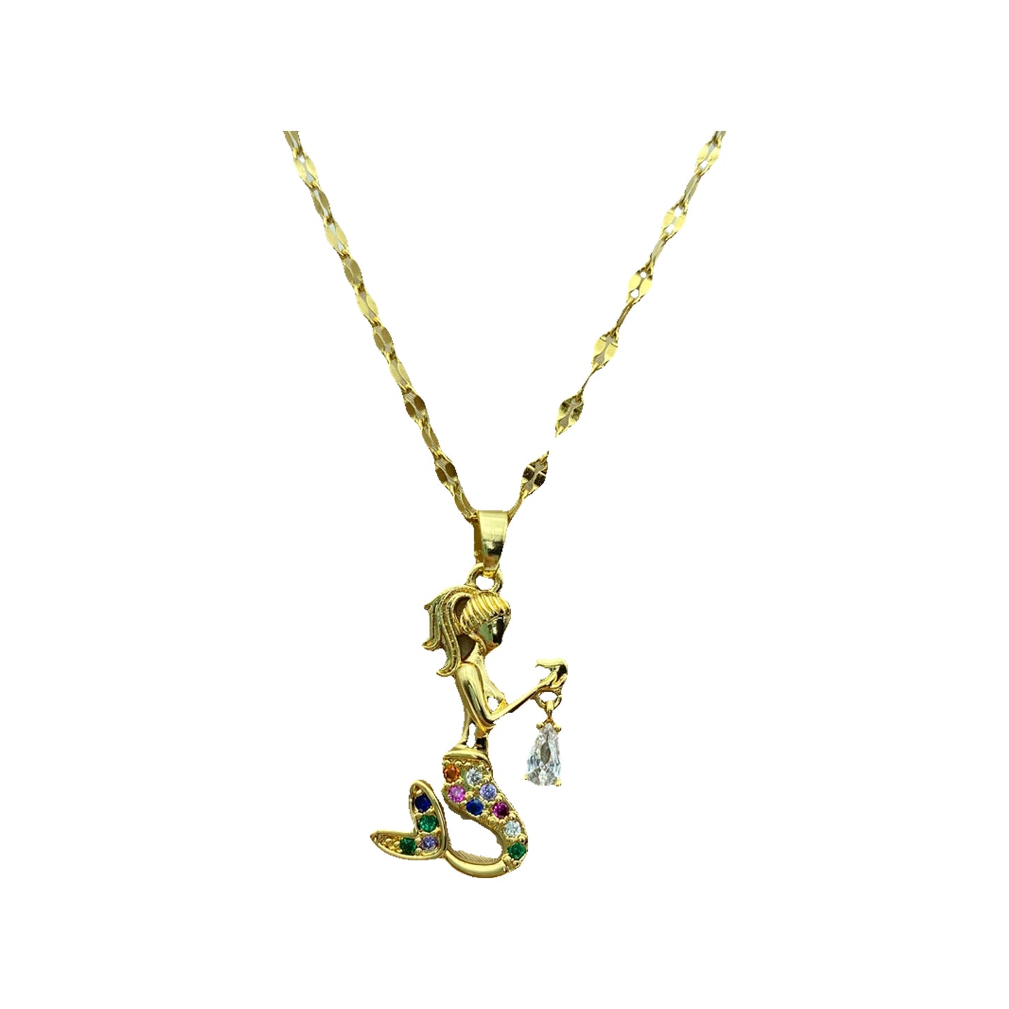 gold-tone mermaid pendant set with multicolored stones holding a dangling clear teardrop