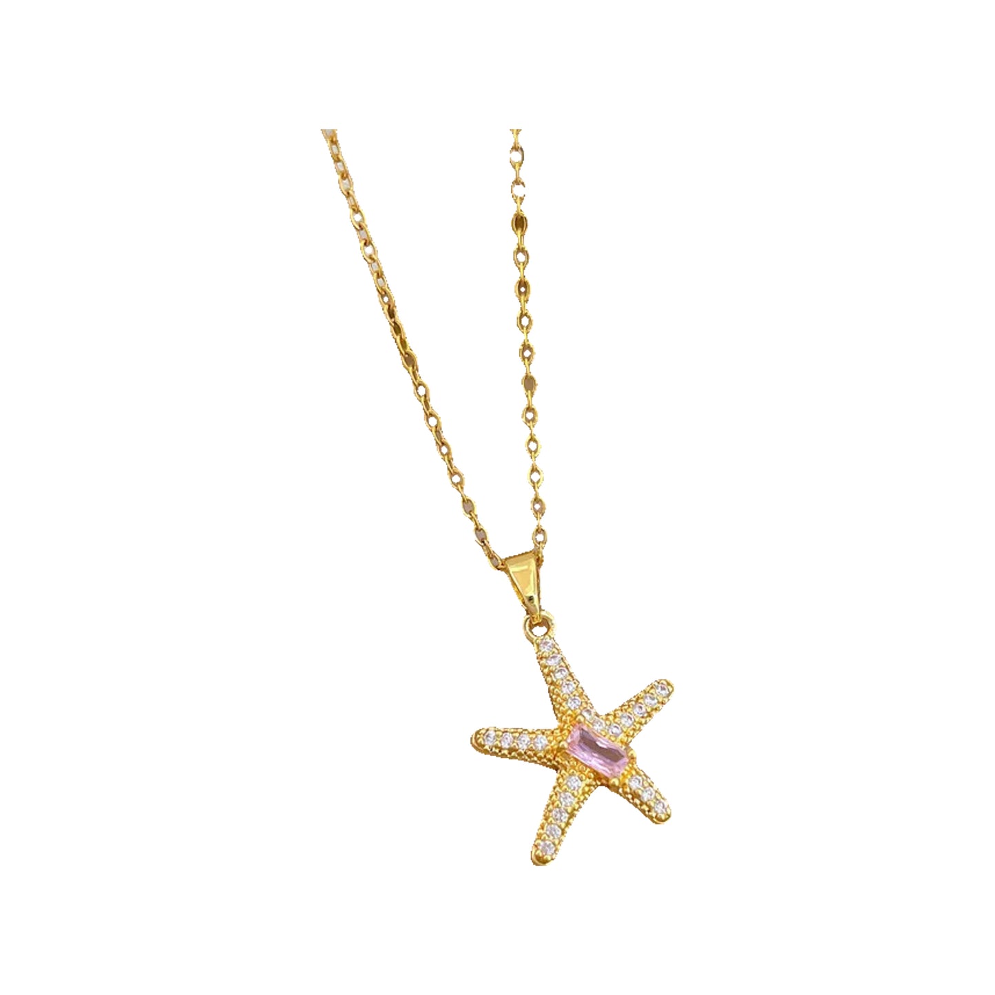 Gold-tone starfish pendant necklace with pink center stone on display