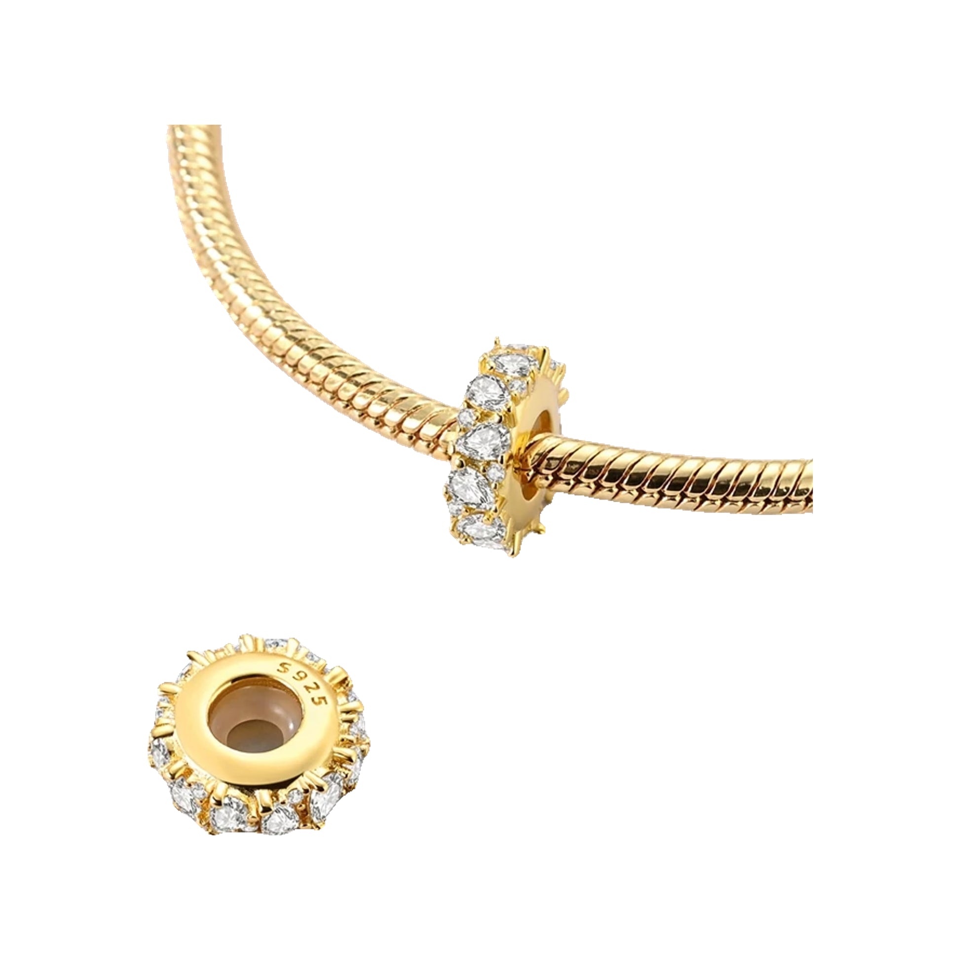 Gold-tone pavé rondelle spacer with clear crystals shown on and off a bracelet