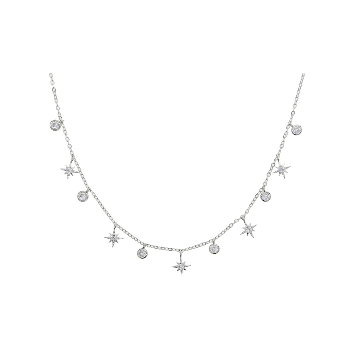 silver-tone Starburst dangle choker necklace on a white background